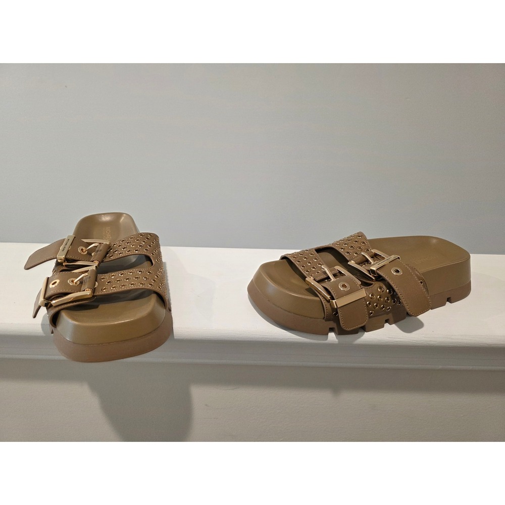 Womens sz‎ 6 B Michael Kors Colby Flat Sandal Tan Leather Studded Platform Slide